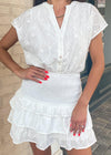 Mwaii Short Sleeve Smocked Mini Dress- White-Hand In Pocket