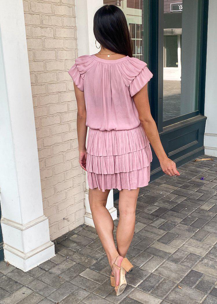 Cosmoledo Short Sleeve Mini Dress with Tiered Skirt - Light Pink-Hand In Pocket