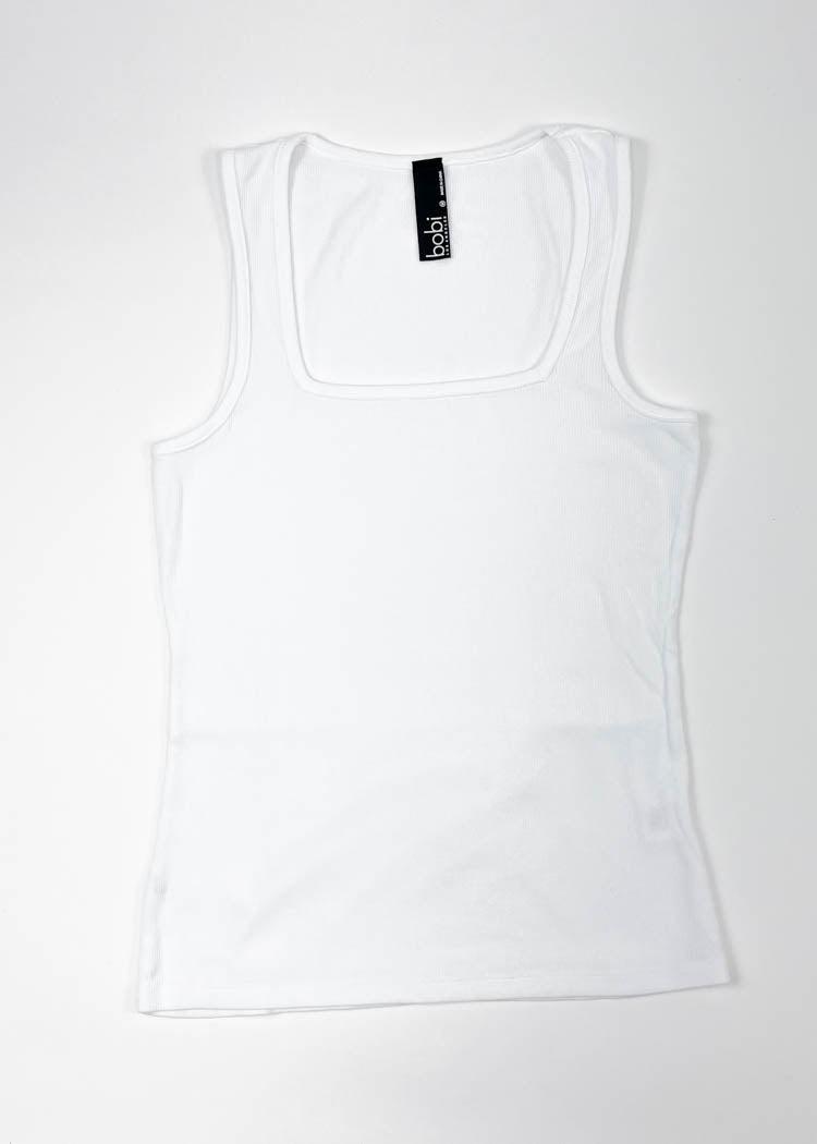 Bobi Los Angeles Square Neck Ribbed Tank-White-Hand In Pocket