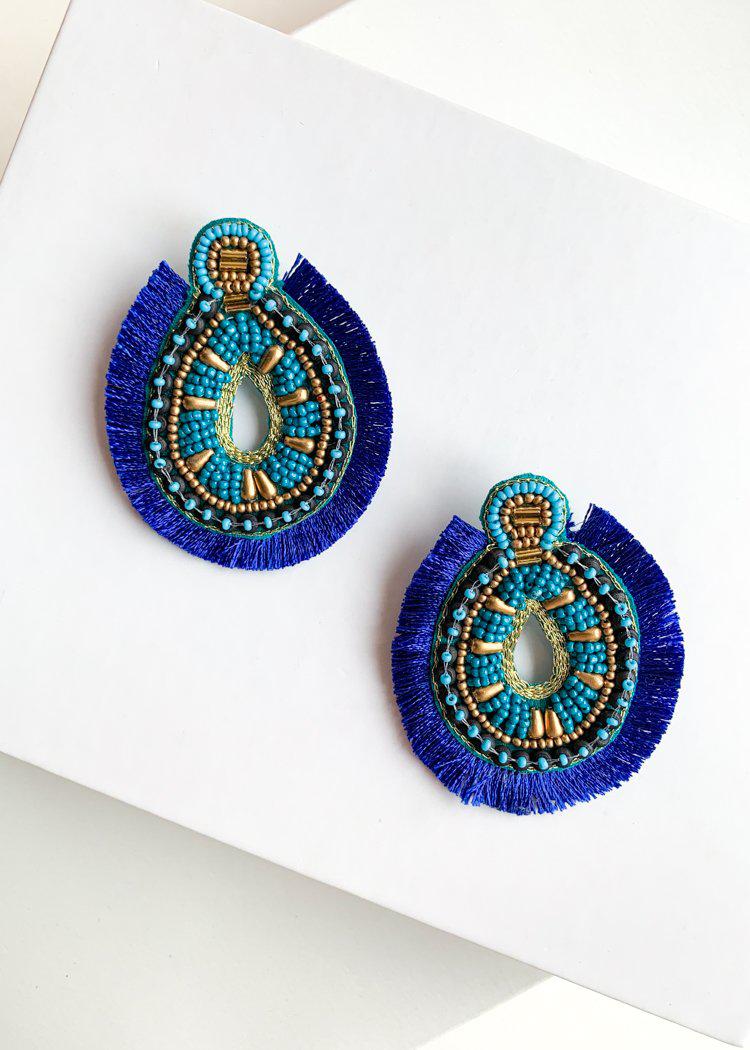 Yala Blue and Gold Beaded Beaded Drop Earrings-Hand In Pocket
