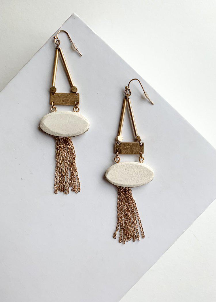 Nungwi Ivory Gold Tassel Drop Earrings-Ivory-Hand In Pocket