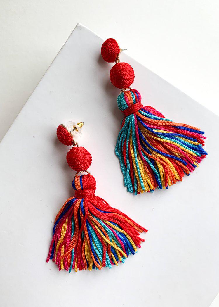 Rainbow Multi-Color Tassel Drop Earrings-Hand In Pocket