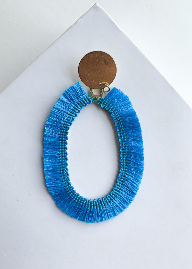 Chitimba Blue and Gold Oval Fringe Drops-Hand In Pocket