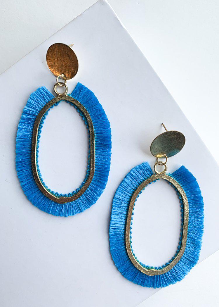 Chitimba Blue and Gold Oval Fringe Drops-Hand In Pocket