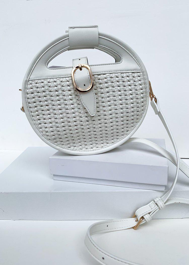 Cece White Round Woven Crossbody-Hand In Pocket