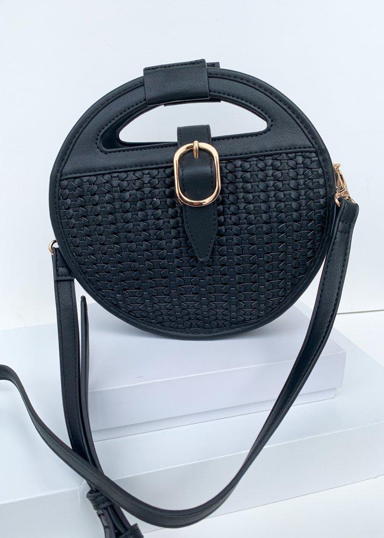 Cece Black Round Woven Crossbody-Hand In Pocket