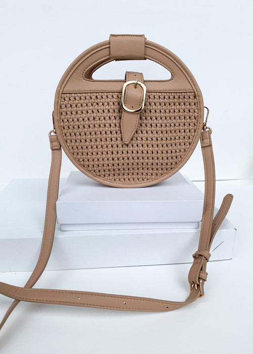 Cece Nude Round Woven Crossbody-Hand In Pocket