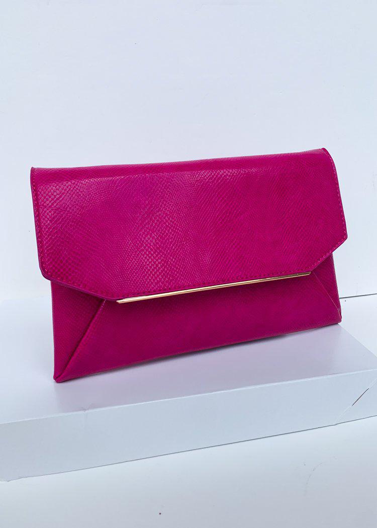 Lena Magenta Lizard Envelope Clutch-Hand In Pocket