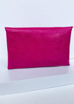 Lena Magenta Lizard Envelope Clutch-Hand In Pocket