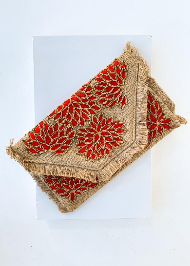 Kuta Red Embroidered Beaded Clutch-Hand In Pocket