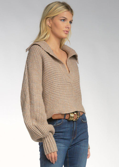 Fisherman Collared Sweater-Taupe-Hand In Pocket