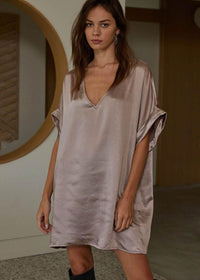 Farrah Satin V Neck Tunic/Dress-Mocha-Hand In Pocket