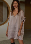 Farrah Satin V Neck Tunic/Dress-Mocha-Hand In Pocket