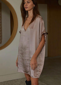 Farrah Satin V Neck Tunic/Dress-Mocha-Hand In Pocket