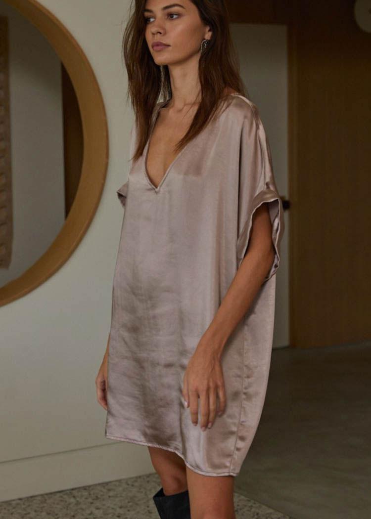 Farrah Satin V Neck Tunic/Dress-Mocha-Hand In Pocket