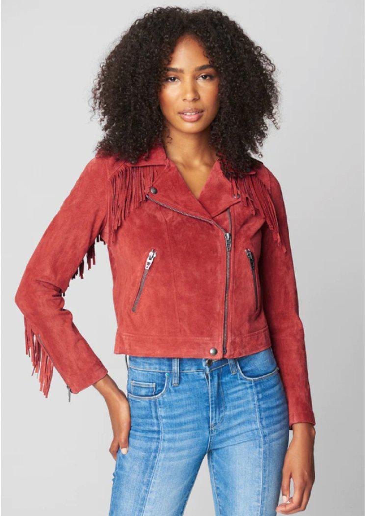 Blank NYC Fired Up Fringed Jacket- Red Suede Fringed Moto- – Hand Pocket
