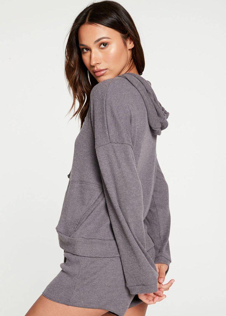 Chaser Love Rib Long Sleeve Cropped Pullover Hoodie-Hand In Pocket
