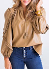 Karlie Turtlecreek Faux Leather Blouse - Khaki-Hand In Pocket
