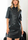 Valerie Short Sleeve Faux Leather Shirtdress-Hand In Pocket