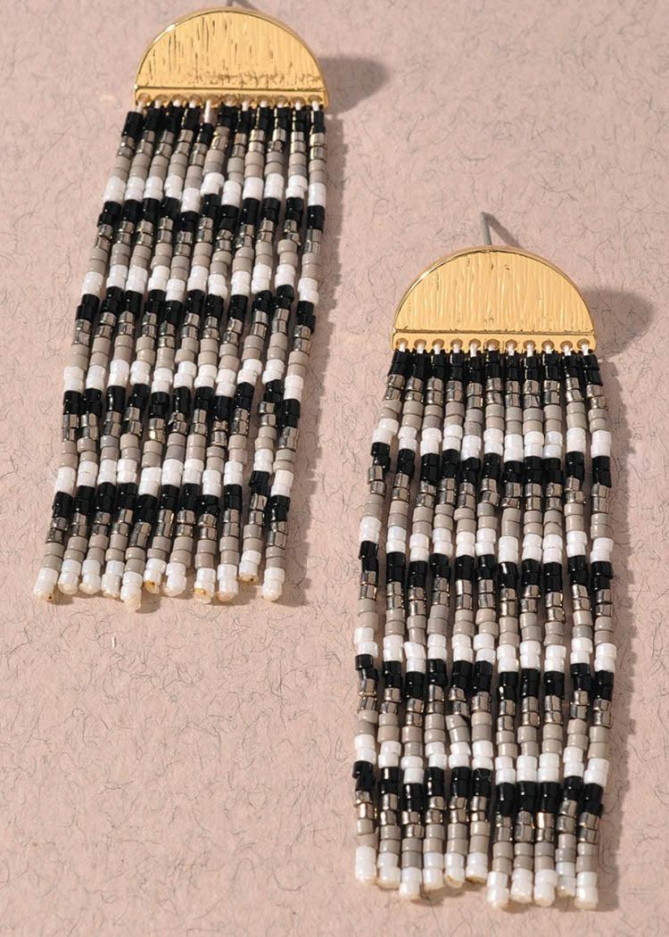 Bergamo Beaded Fringe Earrings-Black/White-Hand In Pocket
