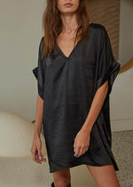 Farrah Satin V Neck Tunic/Dress-Black-Hand In Pocket