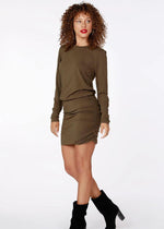 Bobi Long Sleeve Shirred Crewneck Dress- Olive Tree-Hand In Pocket