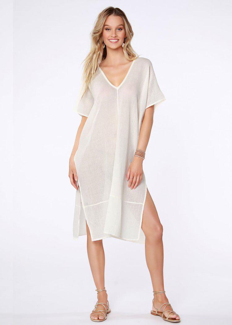 Bobi Gauzy Side Slit V Neck Midi Dress -***FINAL SALE***-Hand In Pocket