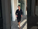 Antonia Long Sleeve Ruched Tie Waist Shirtdress-Black