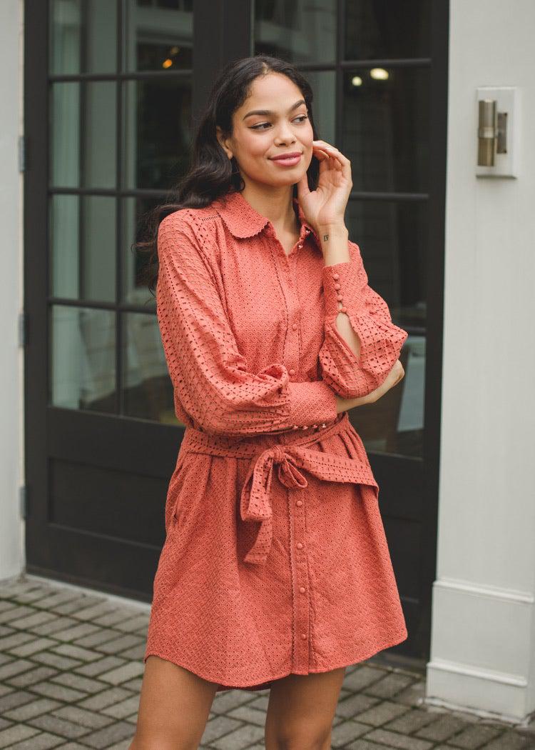 Allison Eyelet Long Sleeve Shirt Dress - Terracotta-Hand In Pocket