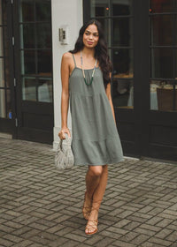 Bobi Spaghetti Strap Gauzy Tiered Cami Dress - Dark Sage-***FINAL SALE***-Hand In Pocket