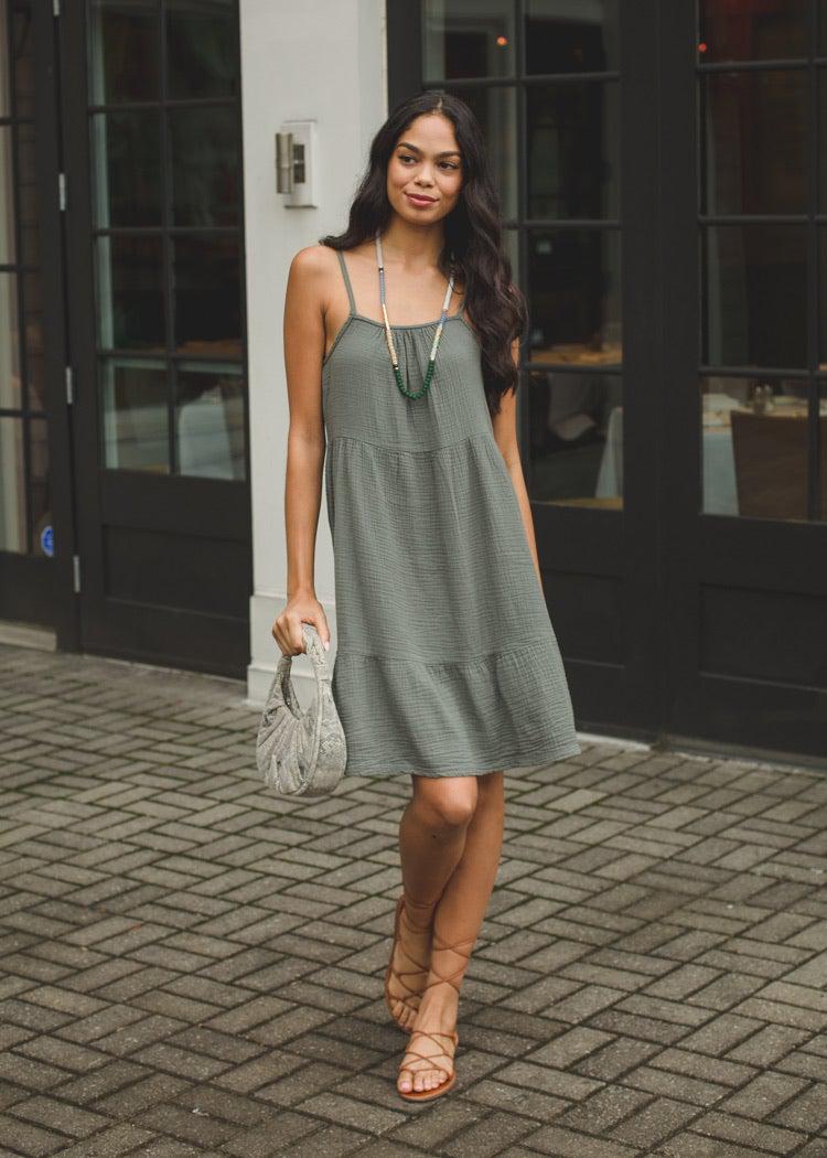 Bobi Spaghetti Strap Gauzy Tiered Cami Dress - Dark Sage-***FINAL SALE***-Hand In Pocket
