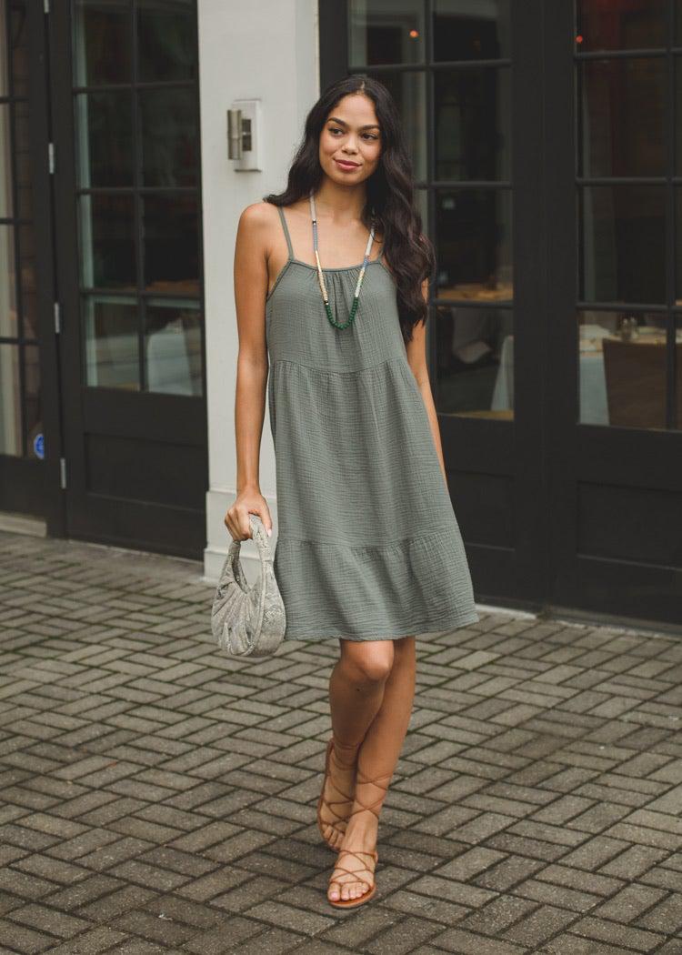 Spaghetti Strap Gauzy Tiered Cami Dress - Dark Sage -$90 – Hand In Pocket