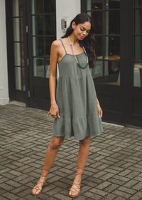 Bobi Spaghetti Strap Gauzy Tiered Cami Dress - Dark Sage-***FINAL SALE***-Hand In Pocket