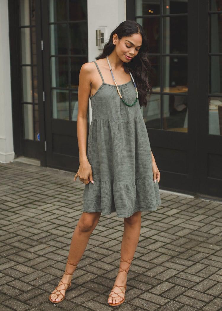 Bobi Spaghetti Strap Gauzy Tiered Cami Dress - Dark Sage-***FINAL SALE***-Hand In Pocket