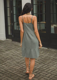 Bobi Spaghetti Strap Gauzy Tiered Cami Dress - Dark Sage-***FINAL SALE***-Hand In Pocket