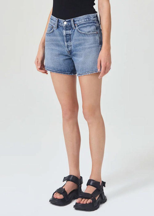 Agolde Parker Long Denim Shorts - Occurence-Hand In Pocket