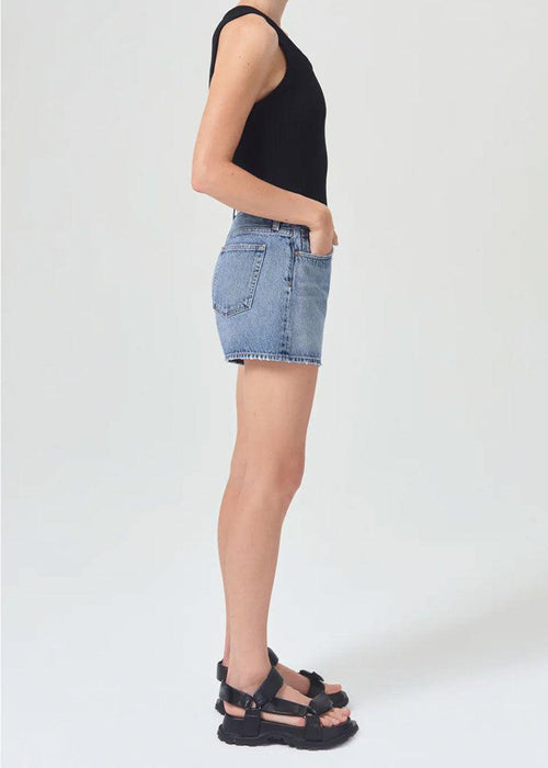 Agolde Parker Long Denim Shorts - Occurence-Hand In Pocket