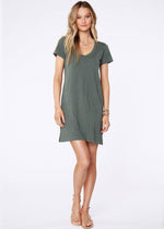 Bobi Short Sleeve V Neck T-shirt Dress-Dark Sage-Hand In Pocket