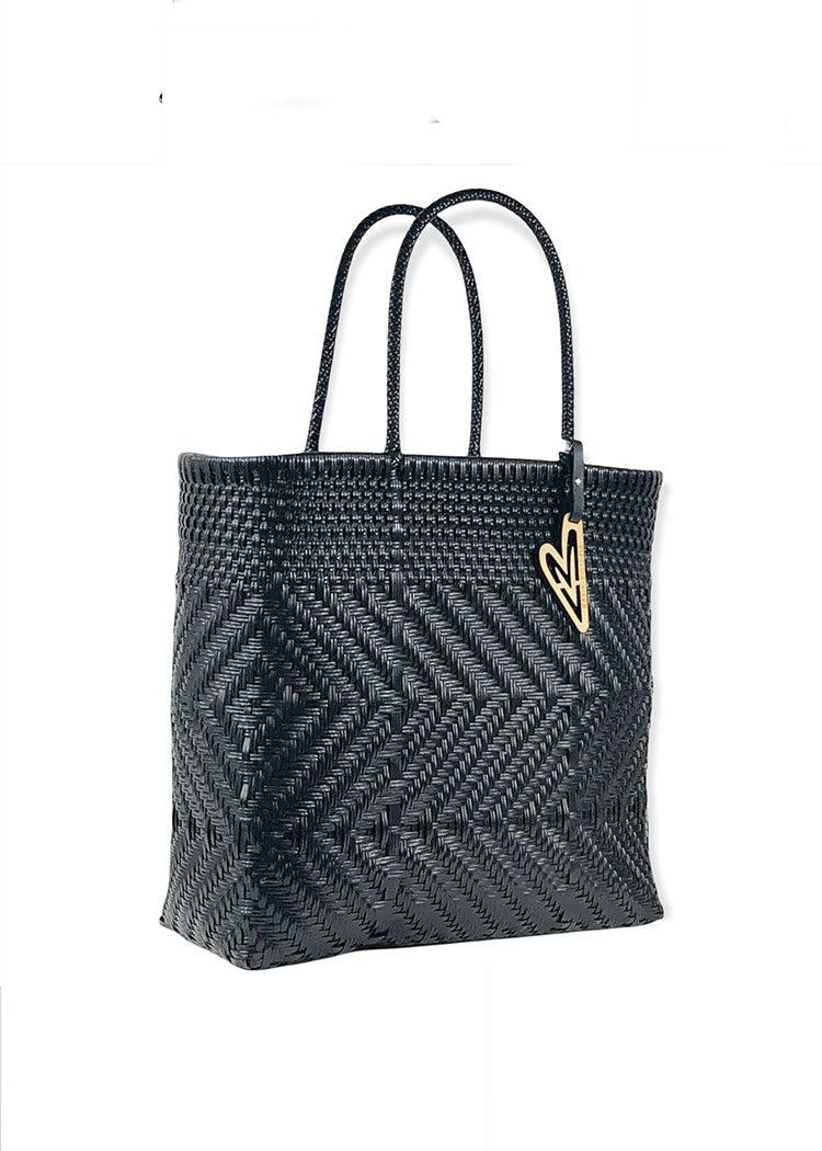 Maria Victoria Solid Black Handwoven Tote-Large-Hand In Pocket
