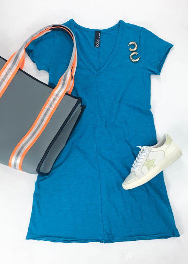 Bobi Short Sleeve V Neck Center Seam T-shirt Dress - Tide-Hand In Pocket
