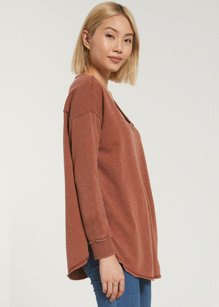 Z Supply The V Neck Weekender Pullover - Whiskey-Hand In Pocket
