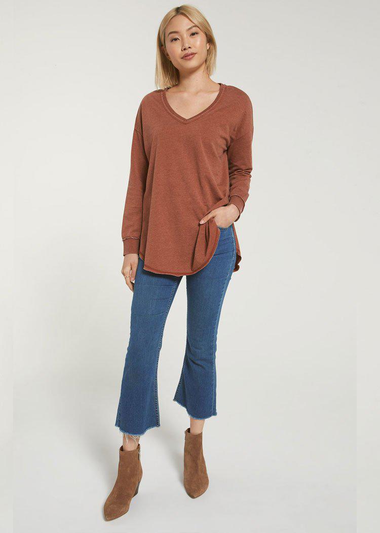 Z Supply The V Neck Weekender Pullover - Whiskey-Hand In Pocket